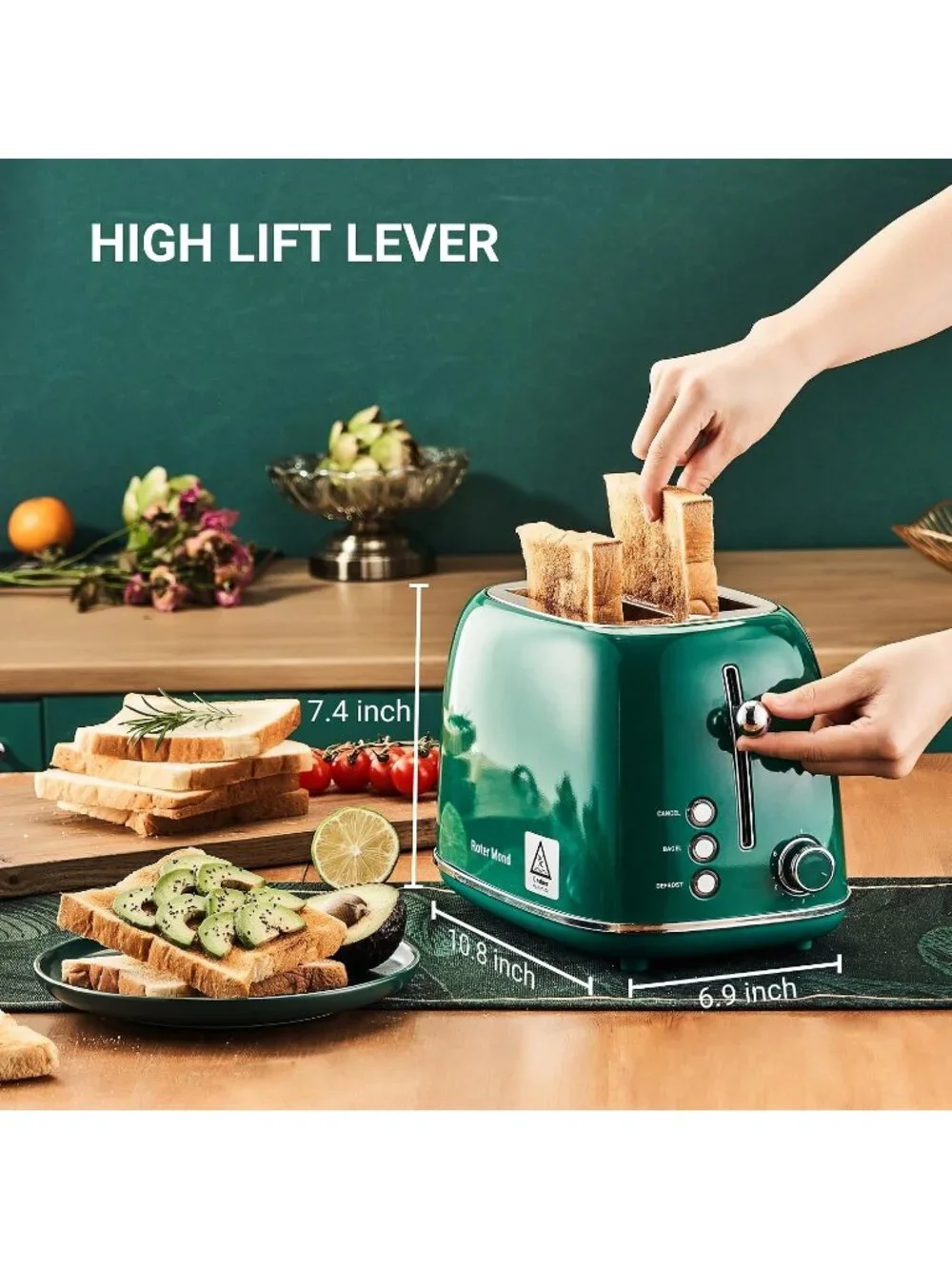 2 Slice Green Toaster Retro Stainless Steel with Bagel Defrost Functions Toaster